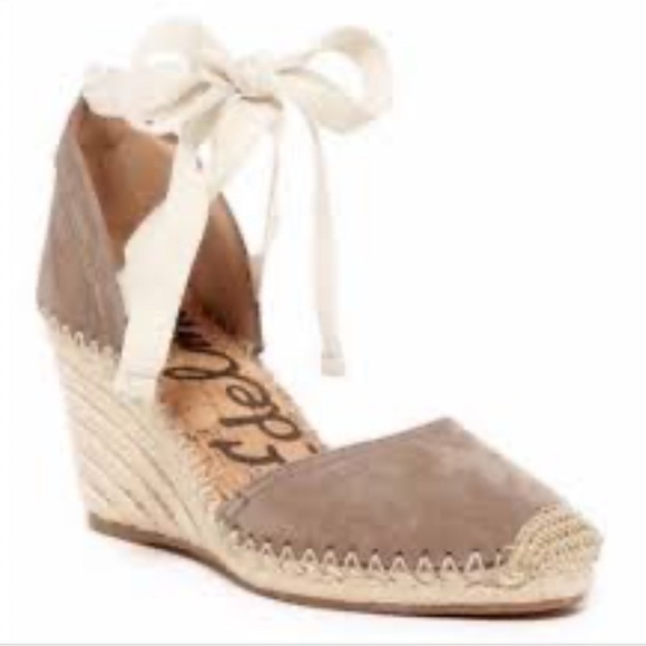 Sam Edelman Patsy Espadrille Woven Wedge Suede Ankle Wraparound Taupe Size 9 - Picture 1 of 9